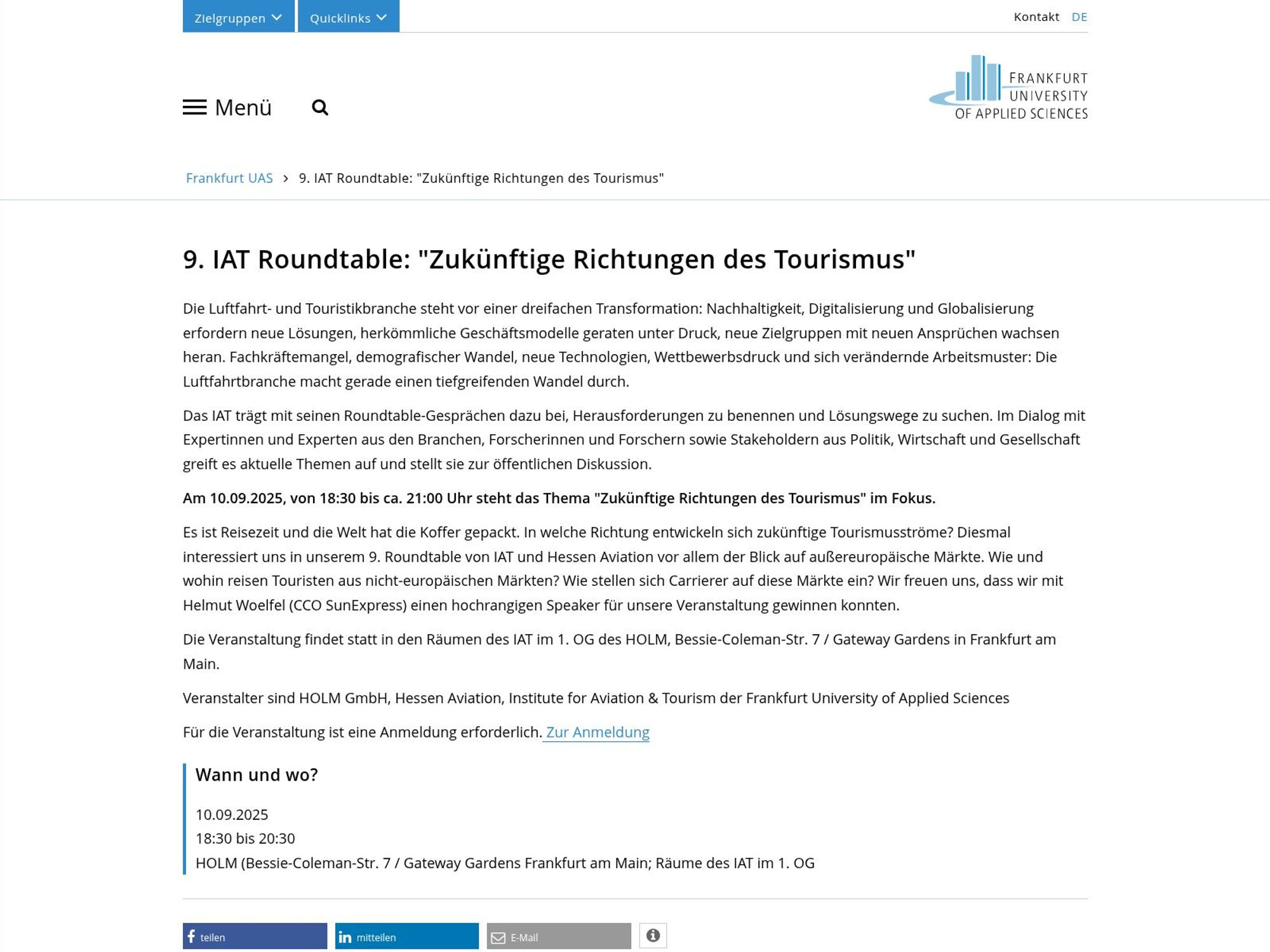 9. IAT Roundtable: "Zukünftige Richtungen des Tourismus" website