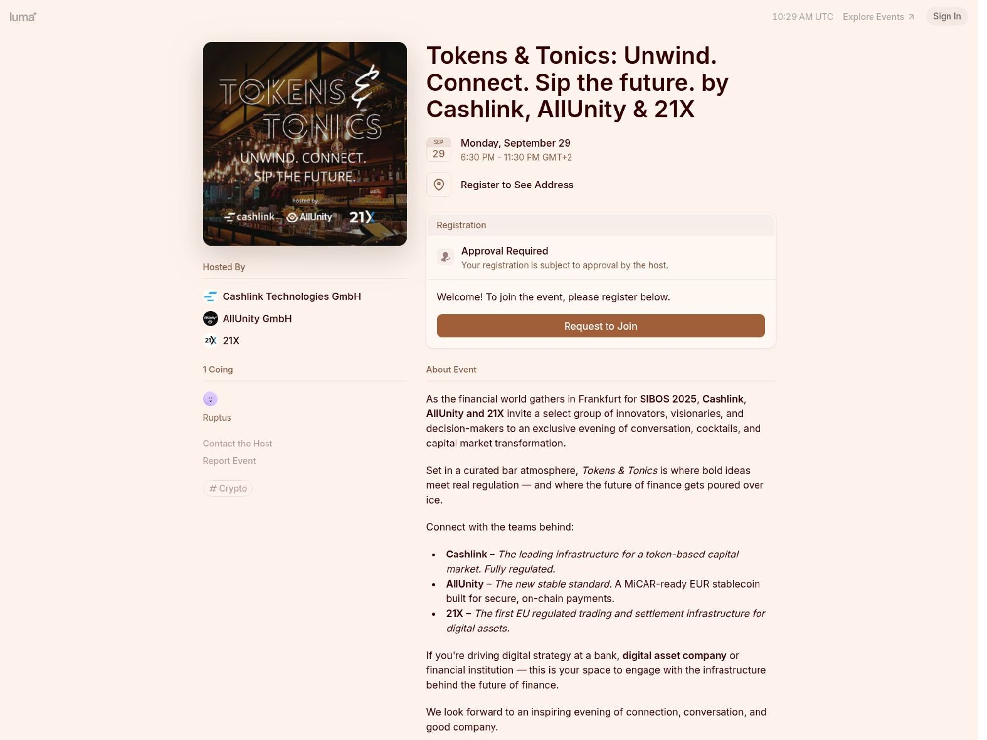 Tokens & Tonics: Unwind. Connect. Sip the future. by Cashlink, AllUnity & 21X website