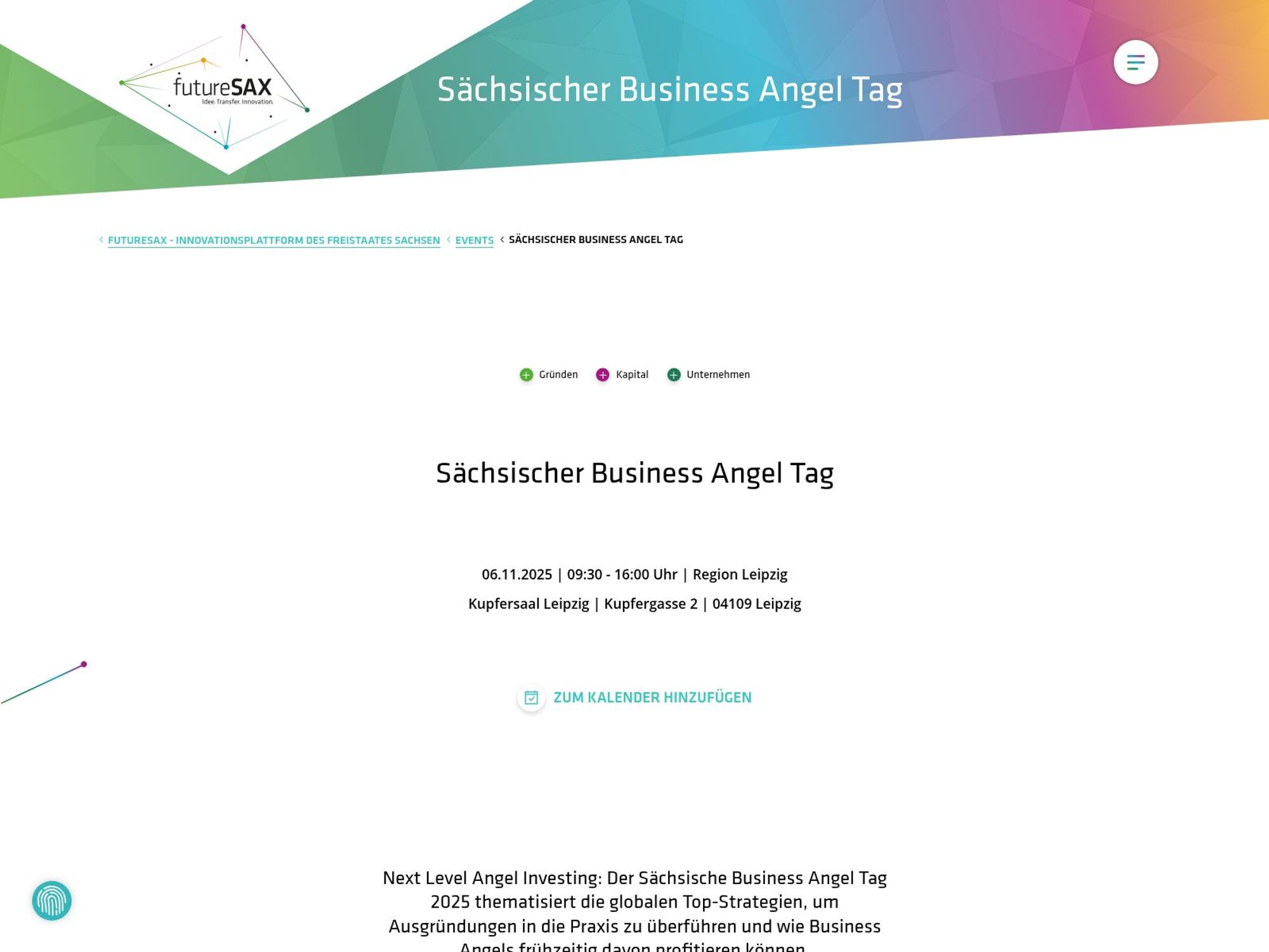 Sächsischer Business Angel Tag website
