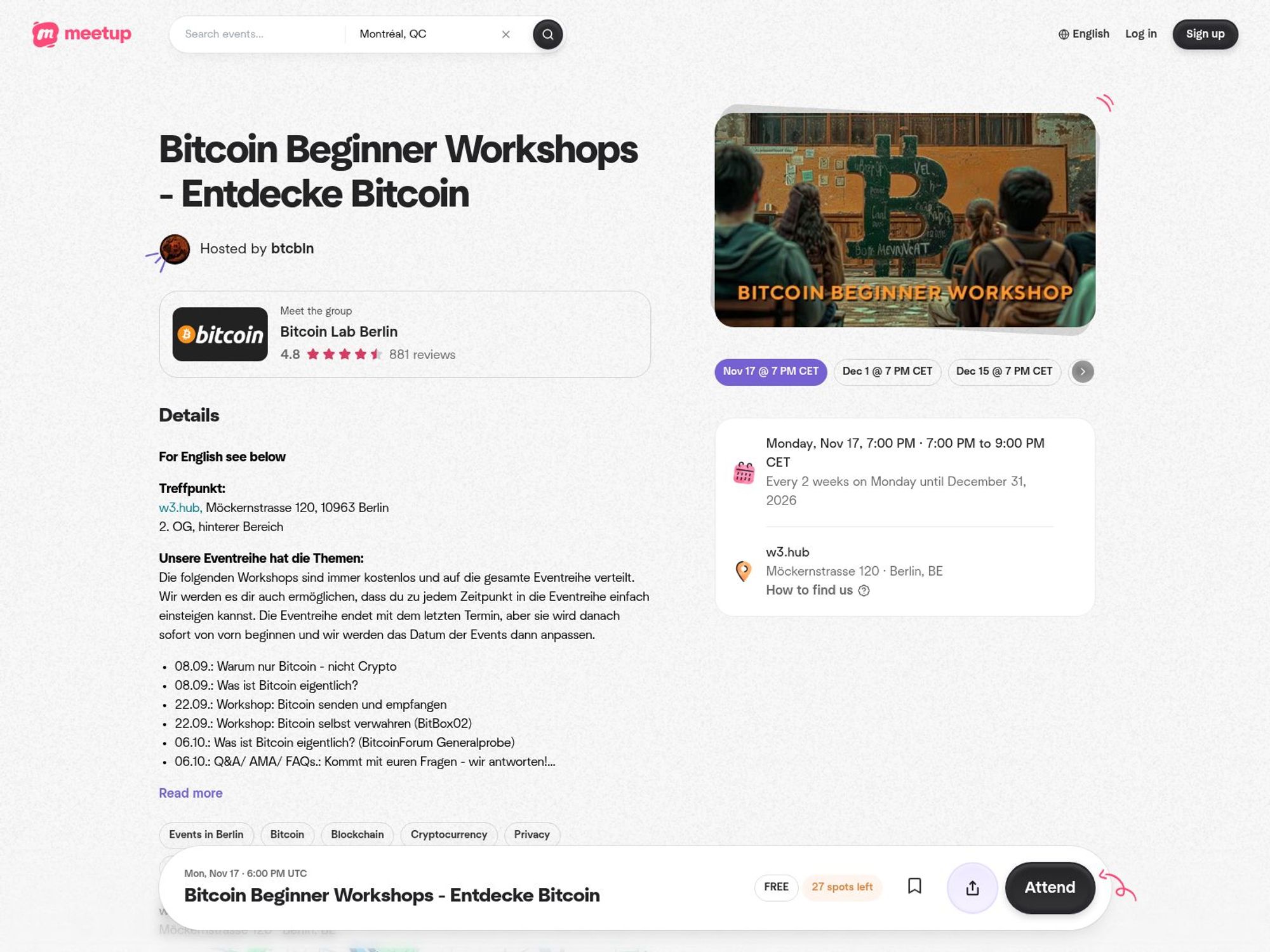 Bitcoin Beginner Workshops website