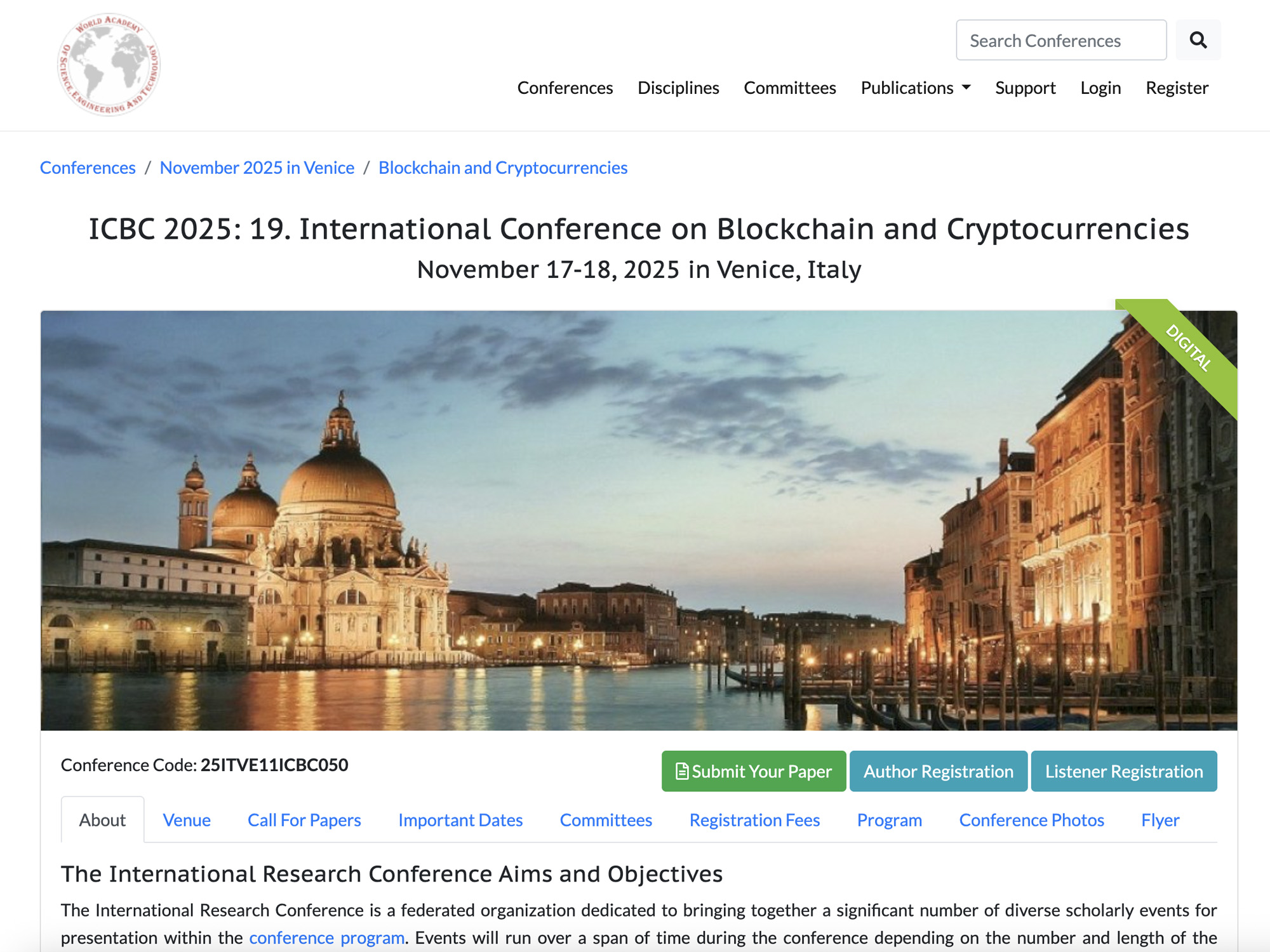 International Conference on Blockchain and Cryptocurrencies website