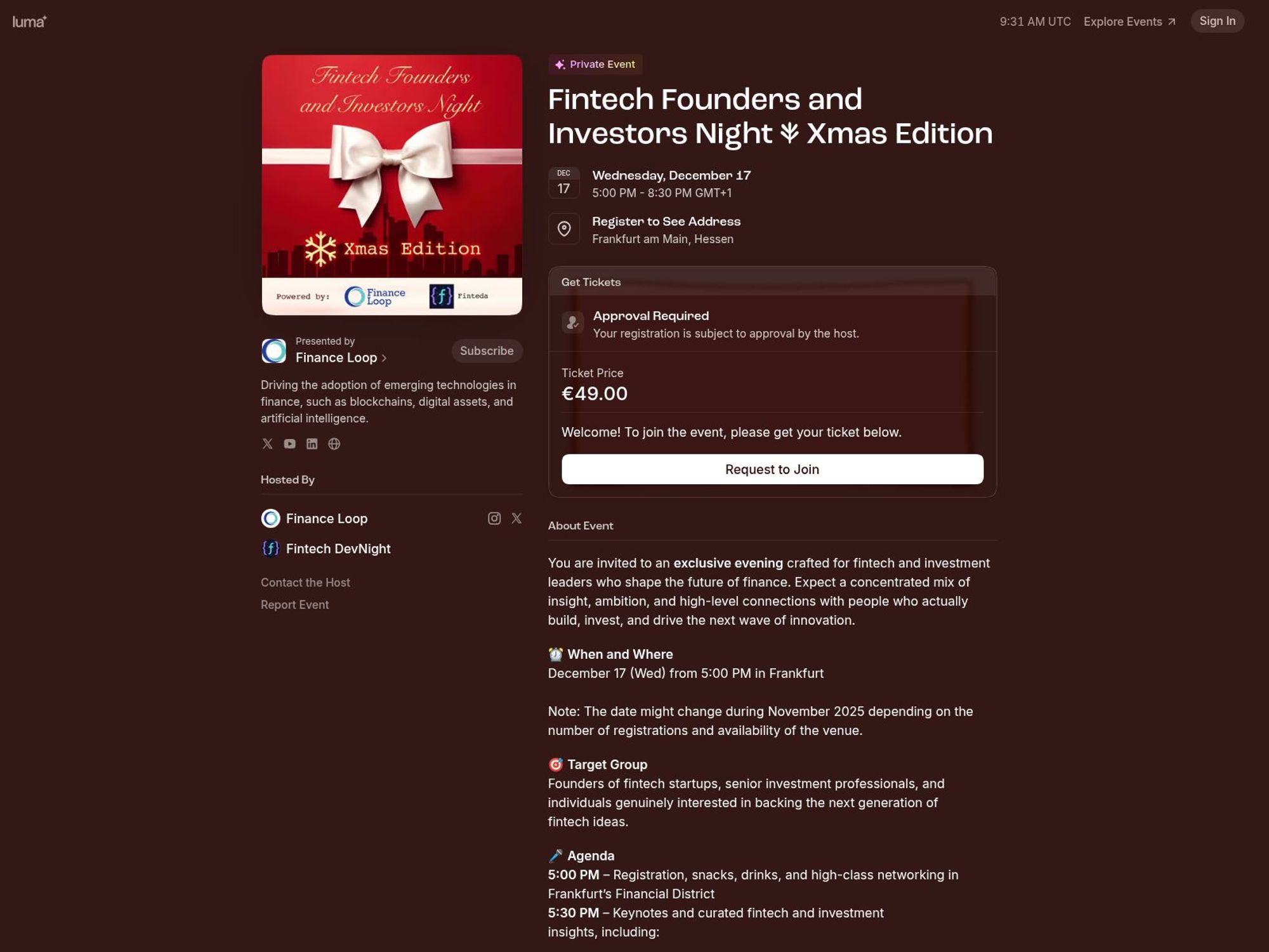 Fintech Founders and Investors Night ❄ Xmas Edition website