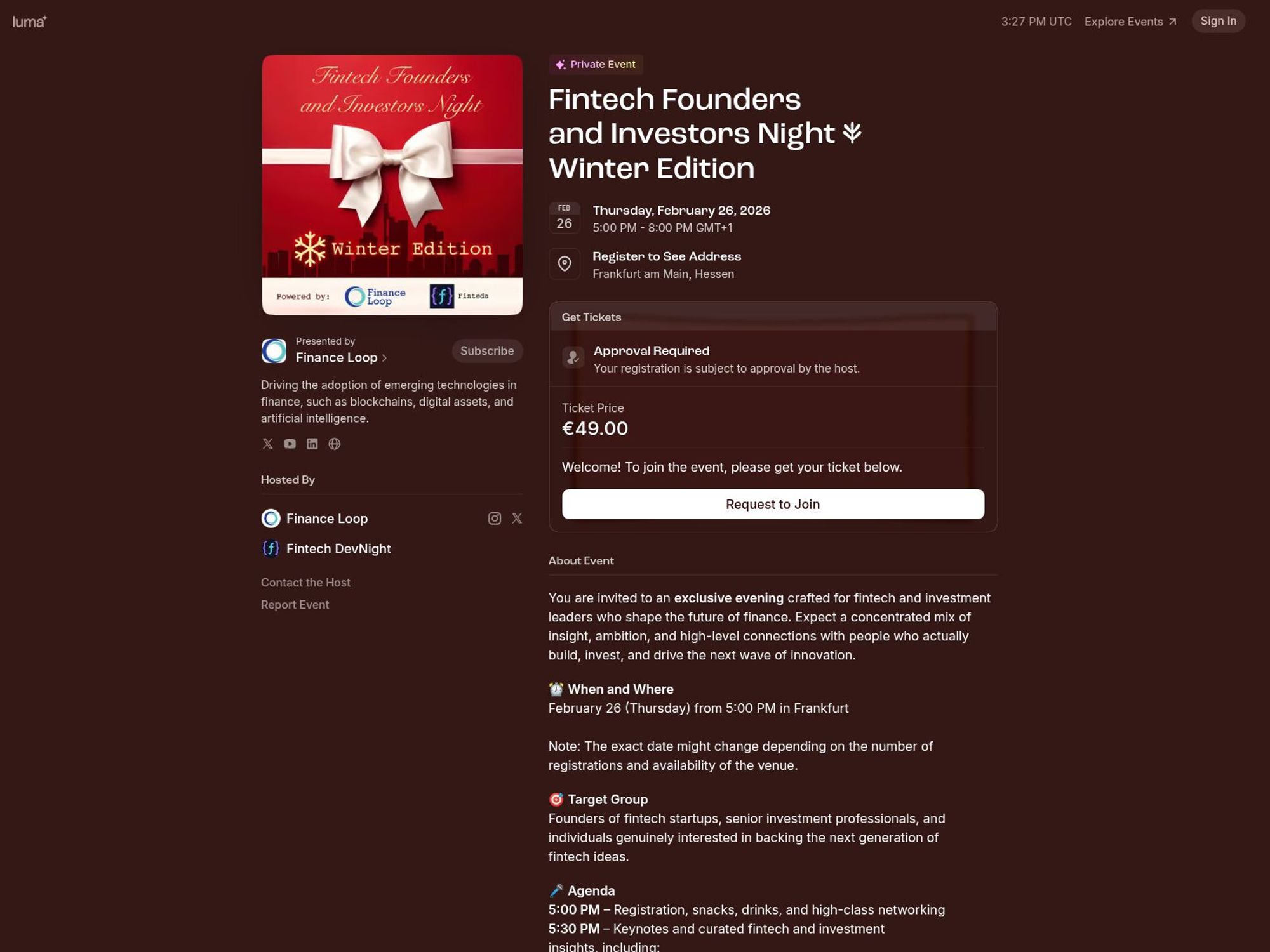 Fintech Founders and Investors Night ❄ Winter Edition website