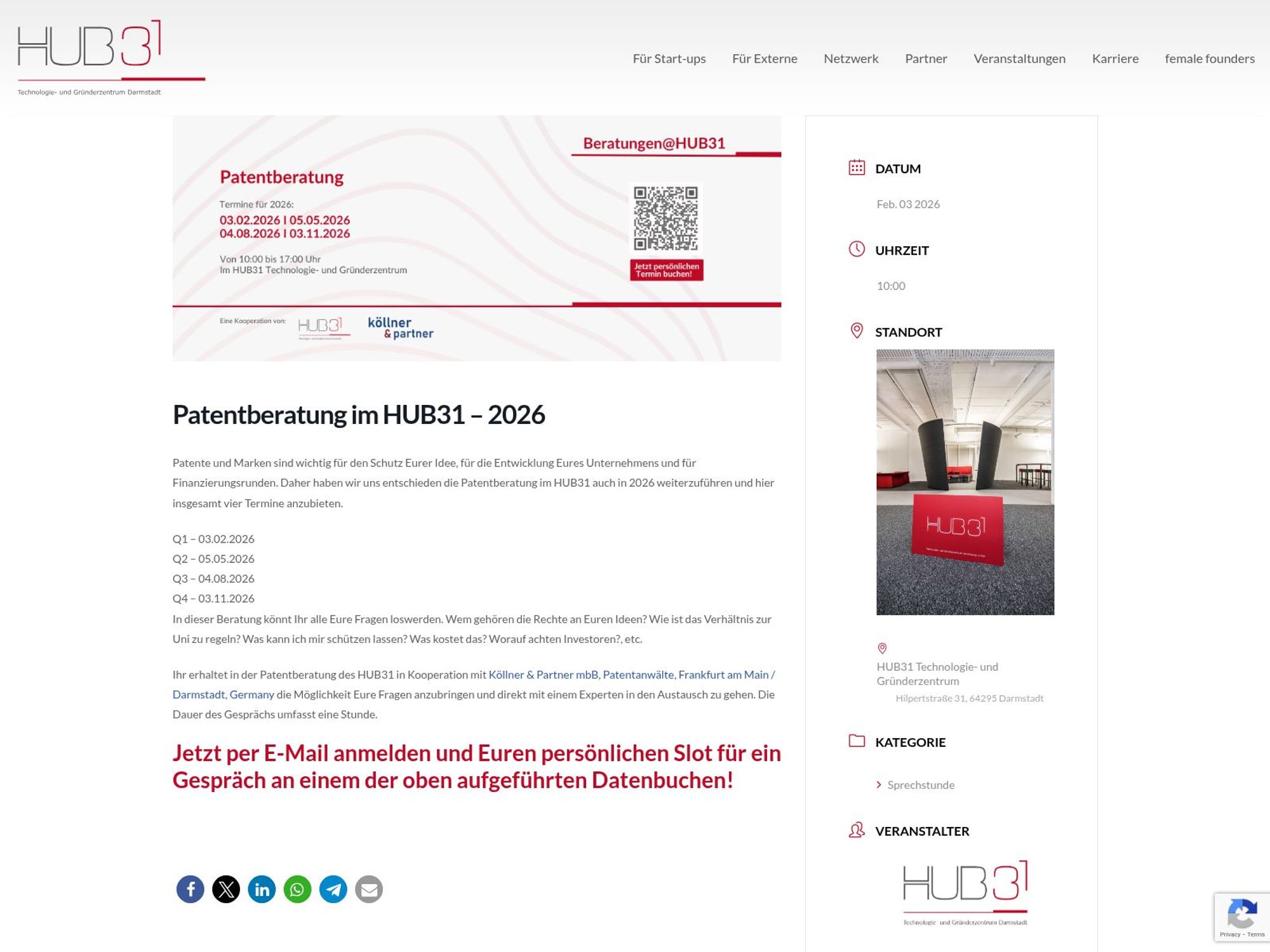 Patentberatung im HUB31 – 2026 website