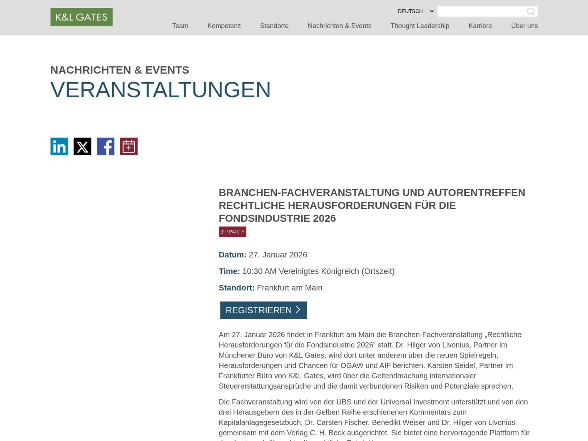 Branchen-Fachveranstaltung und Autorentreffen Rechtliche Herausforderungen für die Fondsindustrie 2026 website