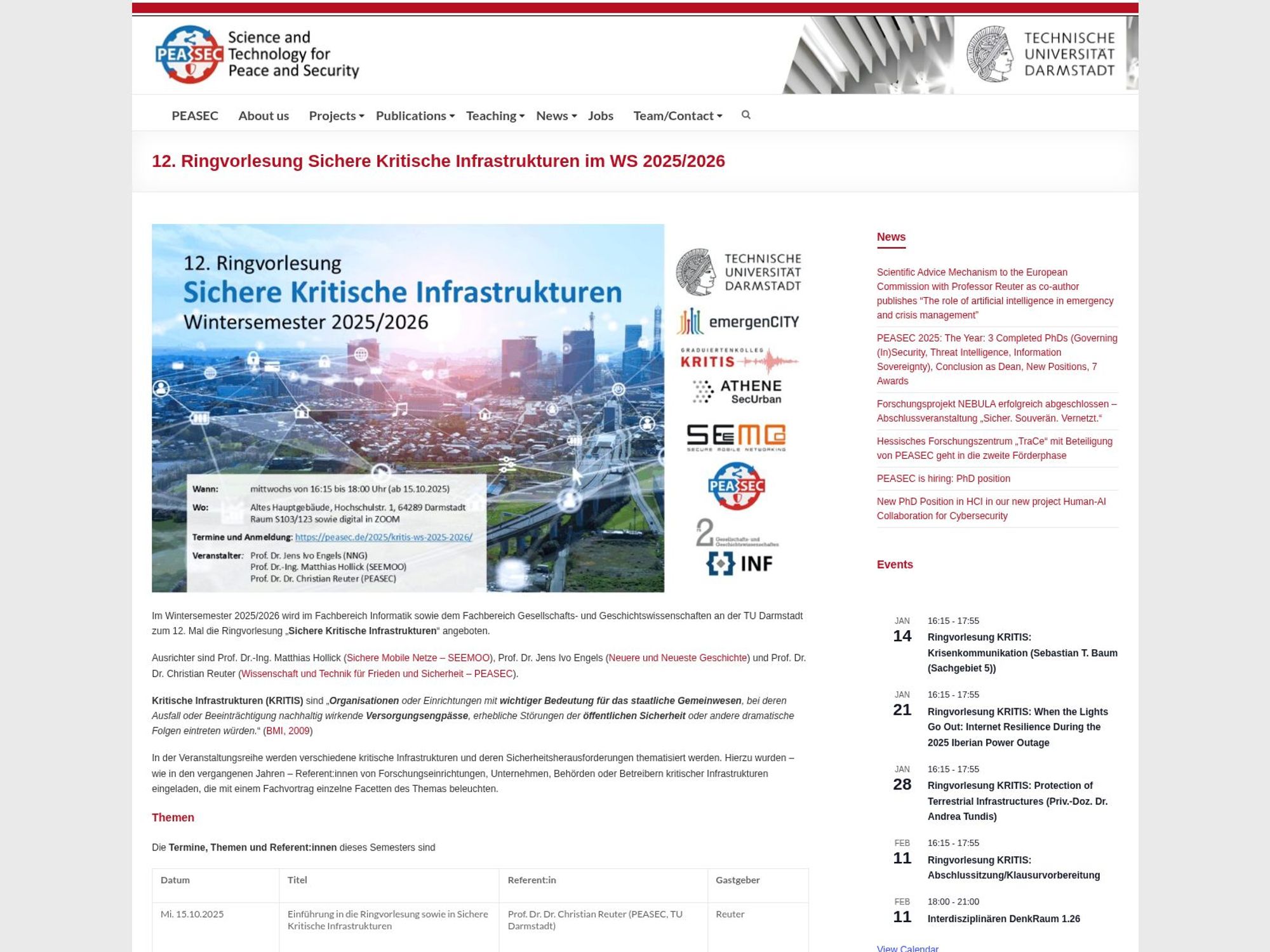 12. Ringvorlesung Sichere Kritische Infrastrukturen im WS 2025/2026 website