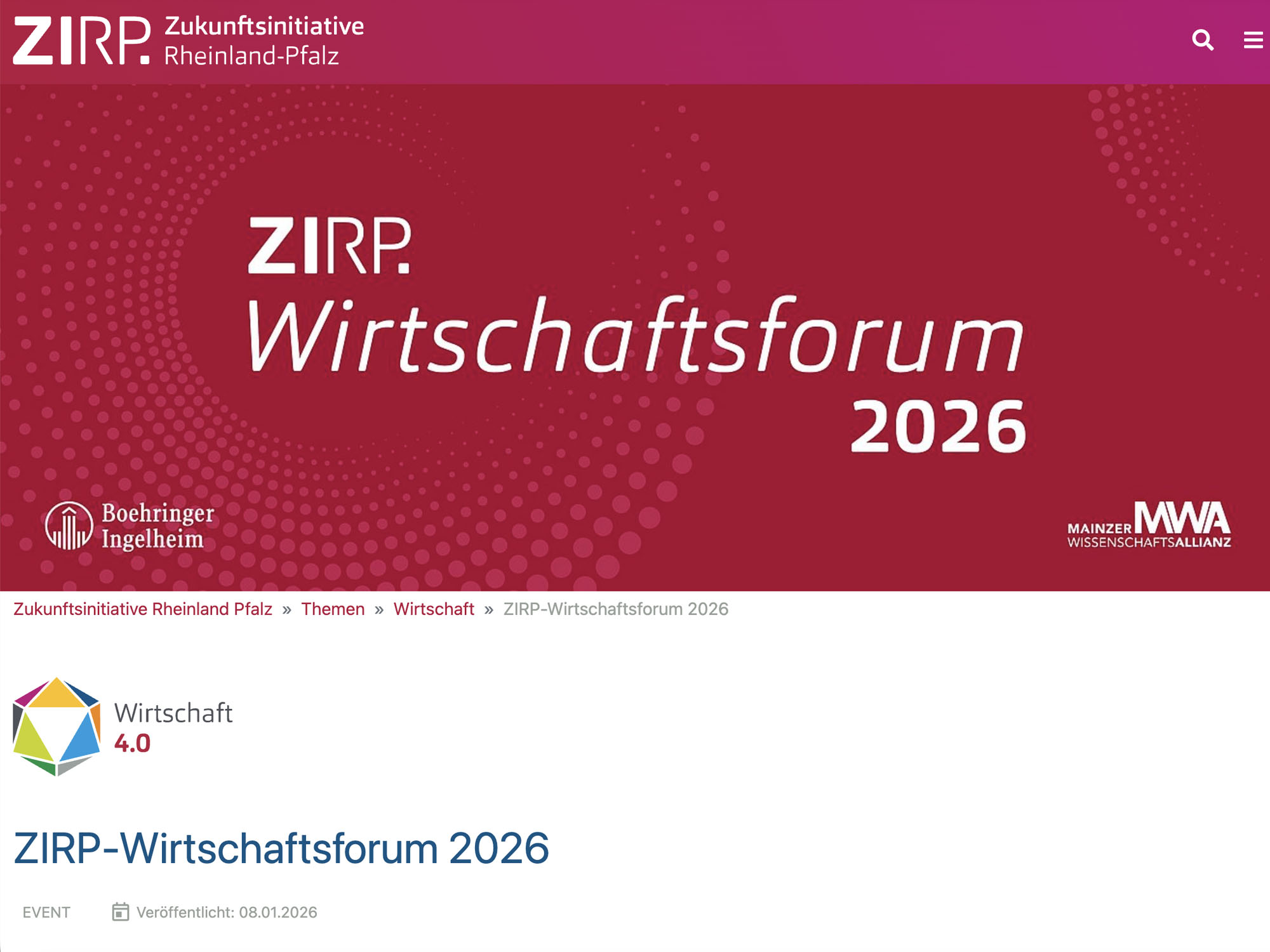 ZIRP-Wirtschaftsforum 2026 website