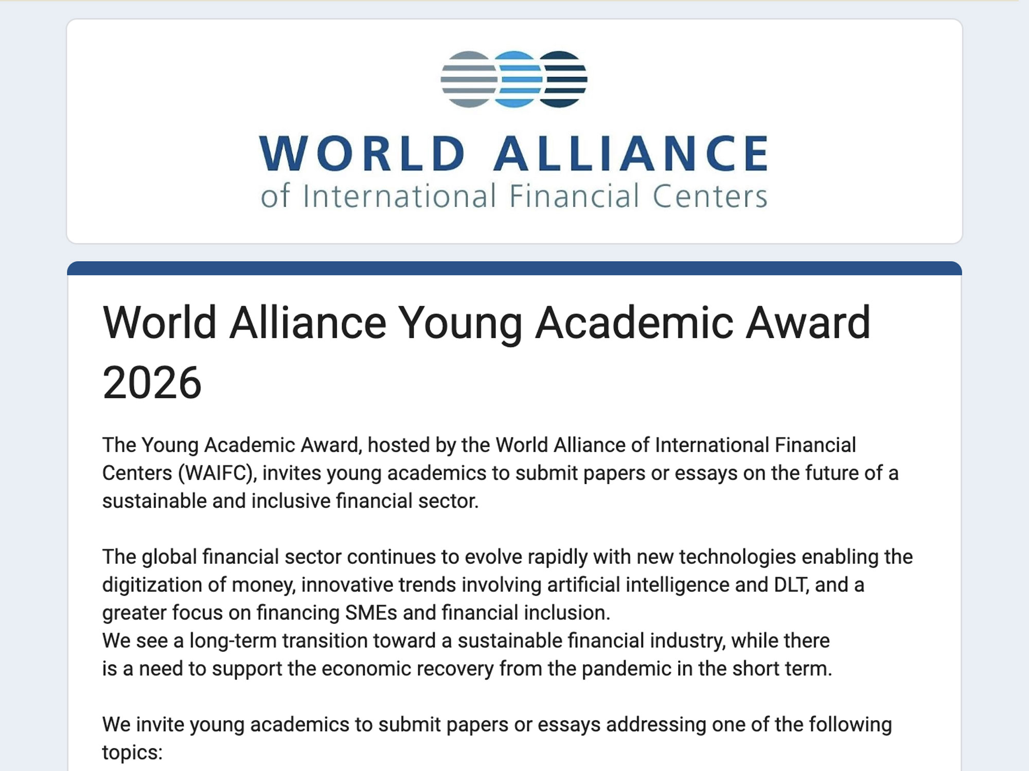 World Alliance Young Academic Award 2026 Ceremony website