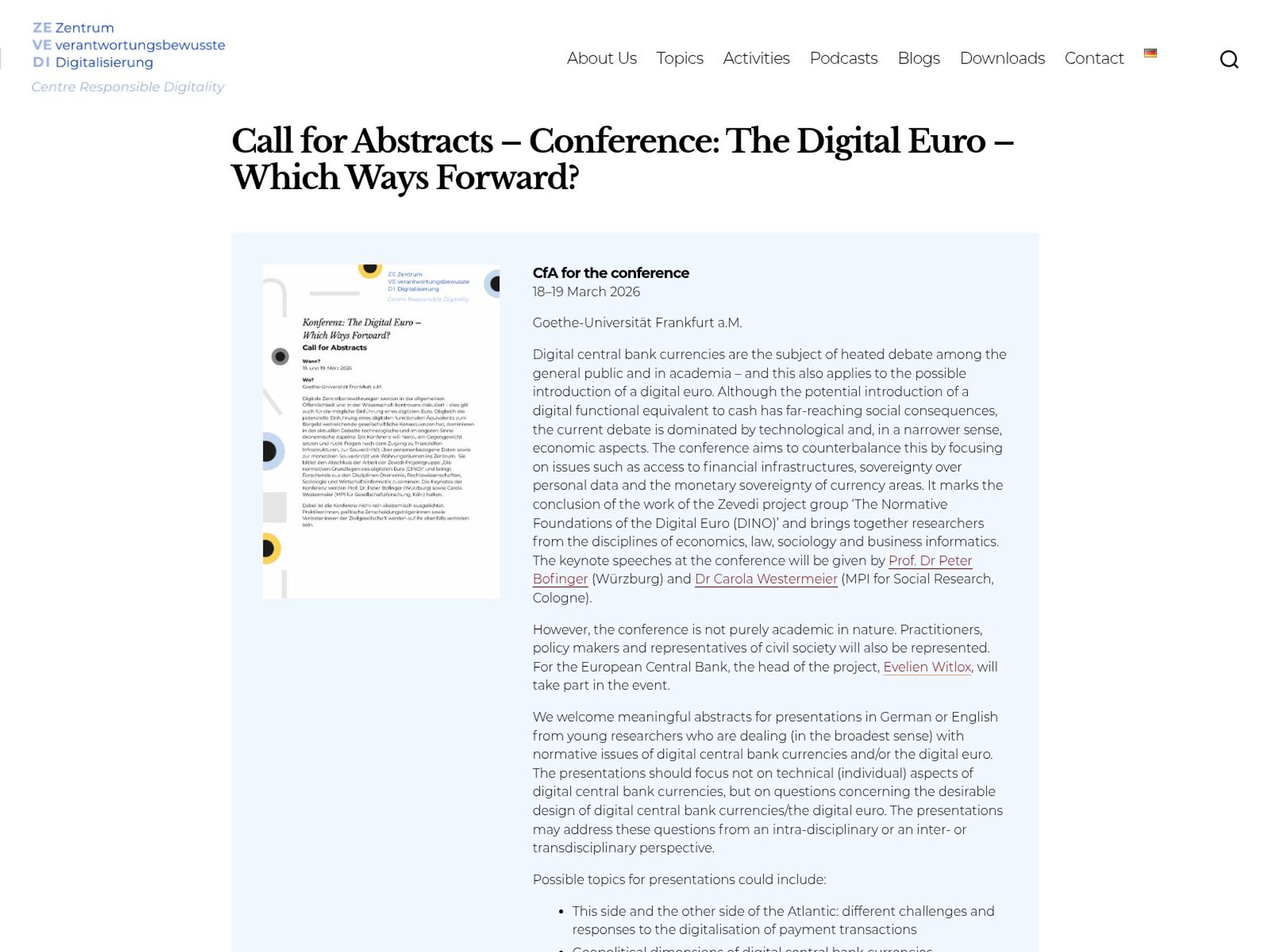 Conference: The Digital Euro – Which Ways Forward? website