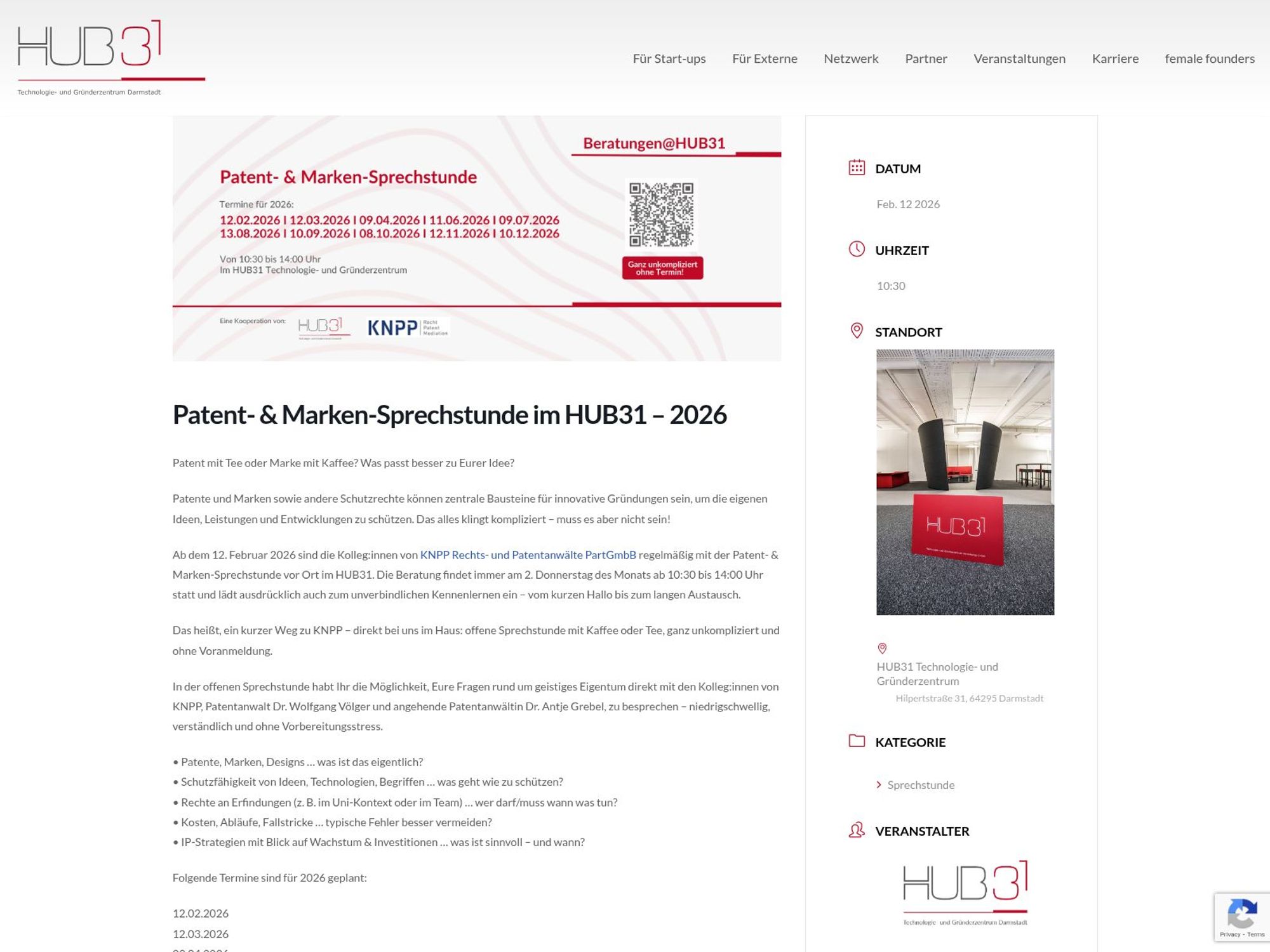 Patent- & Marken-Sprechstunde im HUB31 – 2026 website