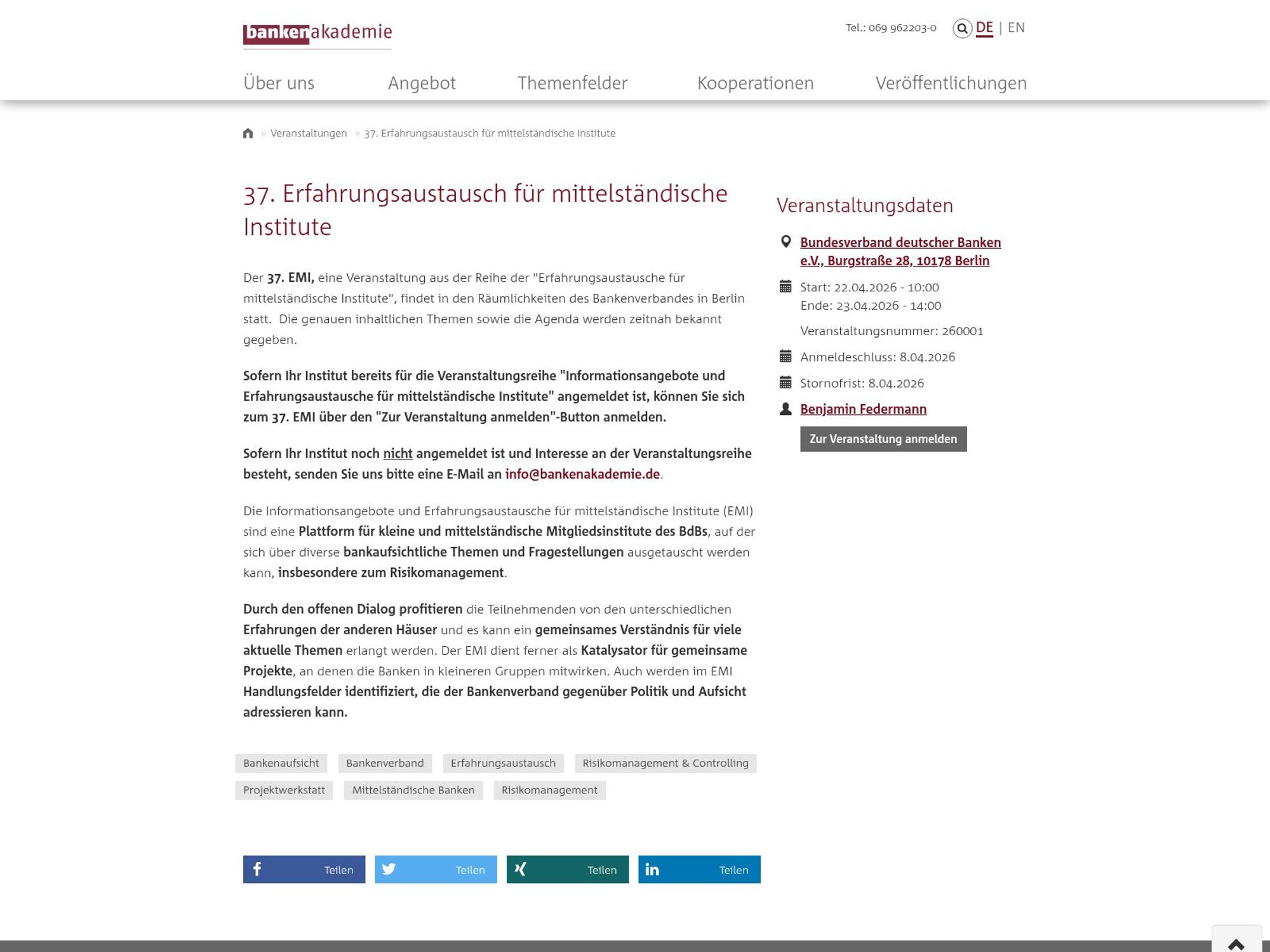 37. Erfahrungsaustausch für mittelständische Institute website
